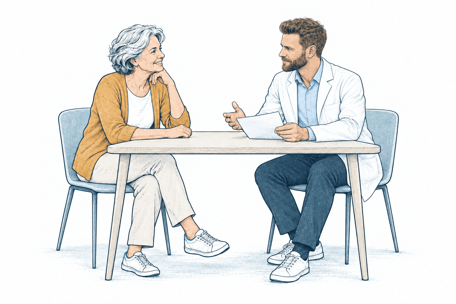 Illustration: DDr. Richard Arnhold bespricht mit einer Patientin einen Befund.