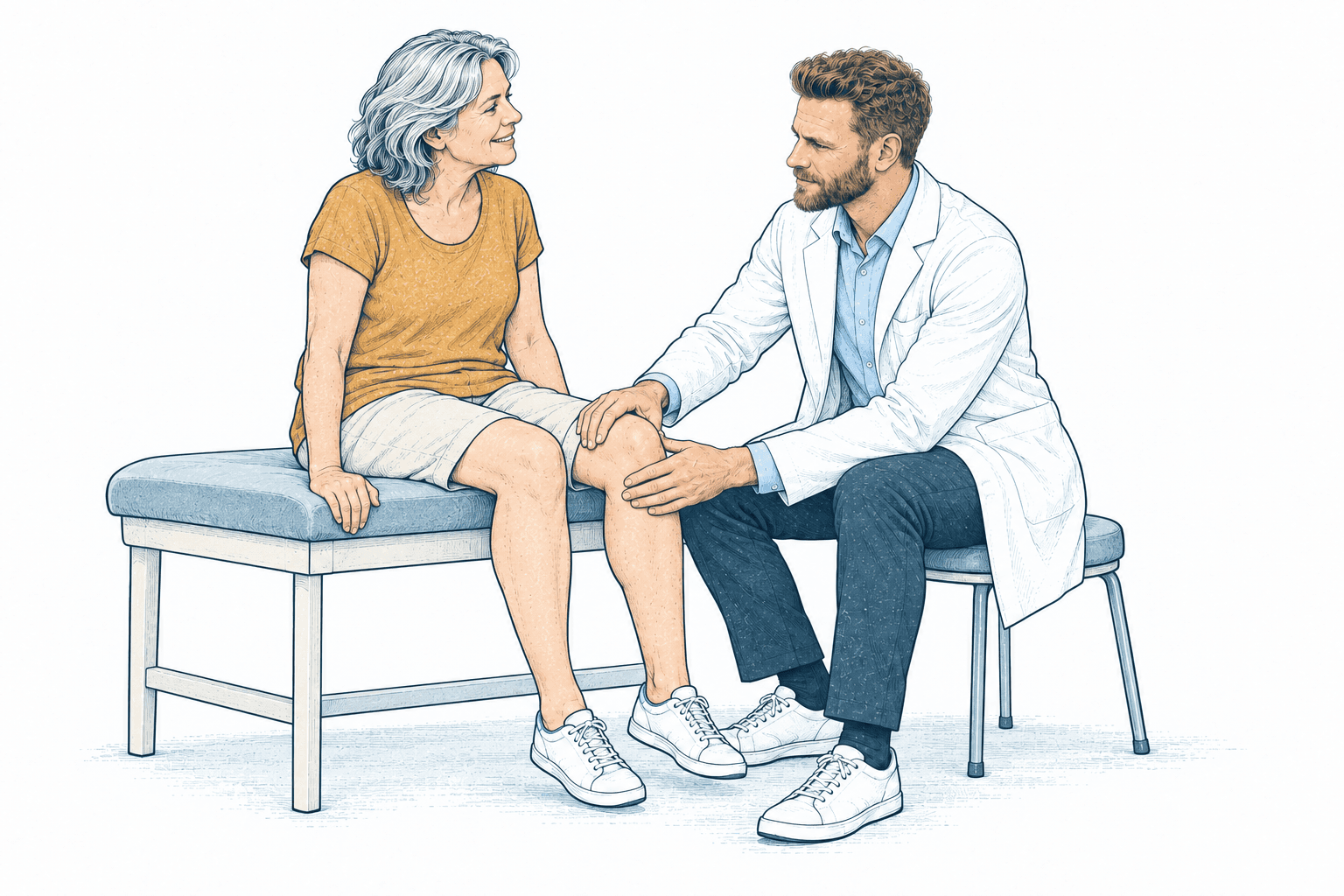 Illustration: DDr. Richard Arnhold untersucht das Knie einer Patientin.